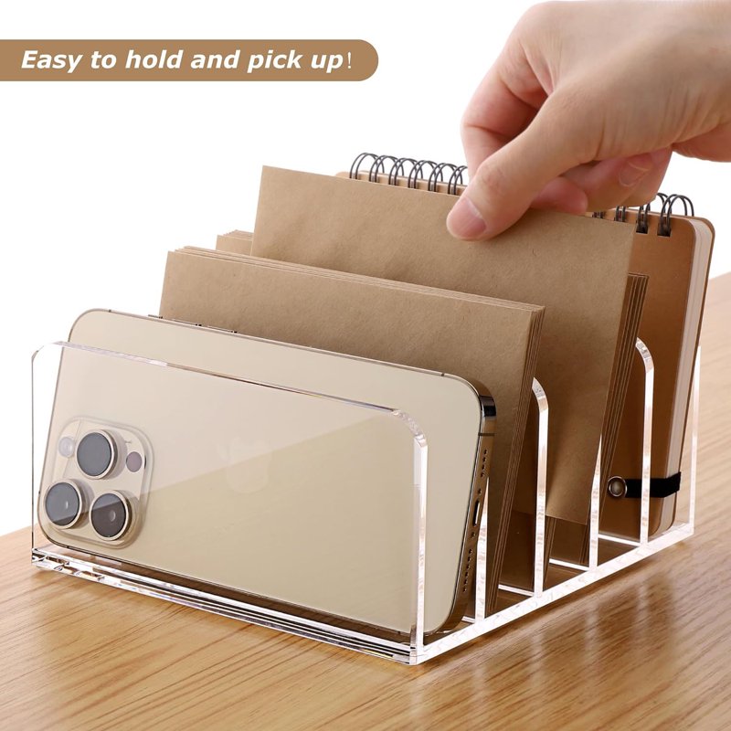 Acrylic Desk File Organizer Holder - 5 Clear Mail Sorter & Document Racks