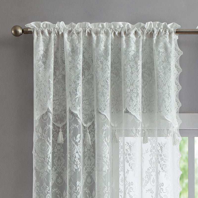 Semi Sheer Lace Curtains with Attached Valance for Home Windows - Ivory, 54"x96"