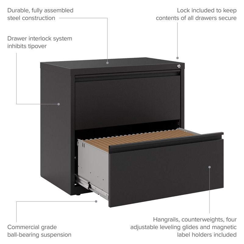 30-Inch Wide Metal 2-Drawer Lateral File Cabinet - Black Office Storage