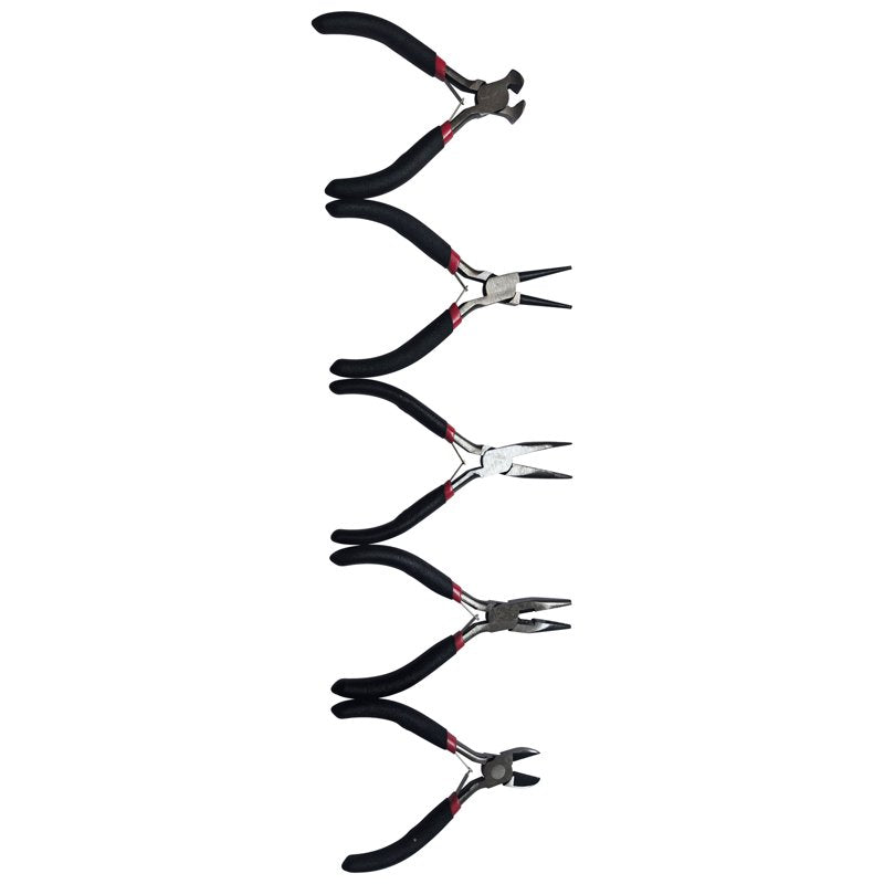 Jewelry Pliers Set 5 Pieces - Round Nose, Long Nose, Bent Nose, Cutters for Beading & Wire Work