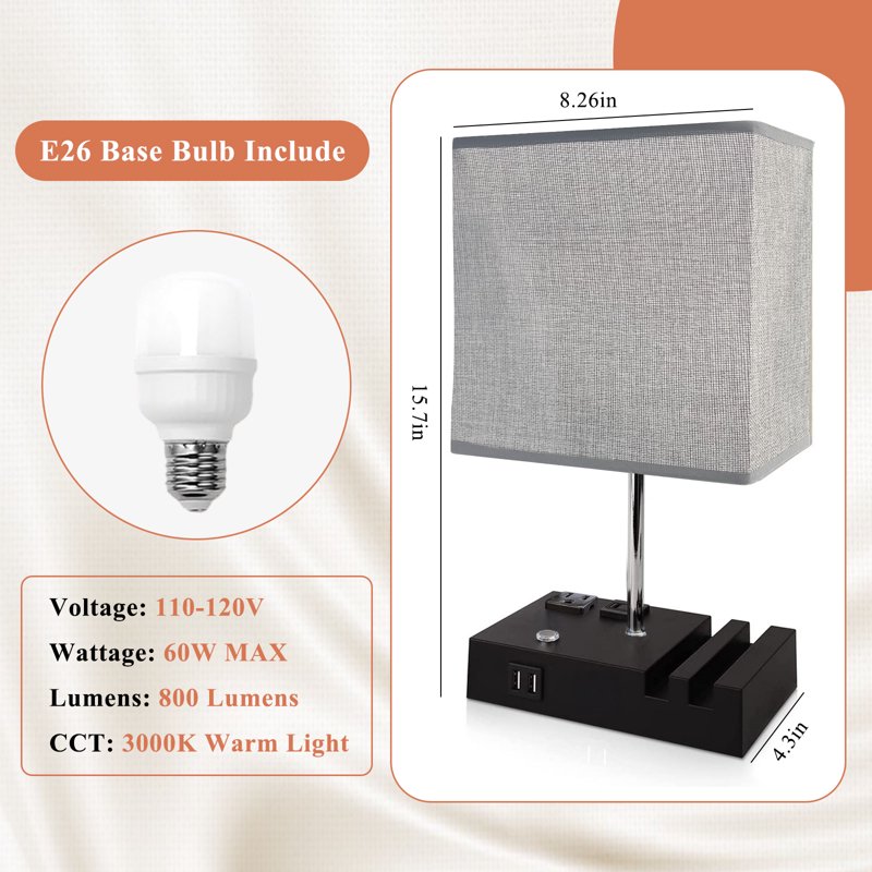 IJIL 15.7 Inch Touch Bedside Table Lamp with Dual USB Charging Ports