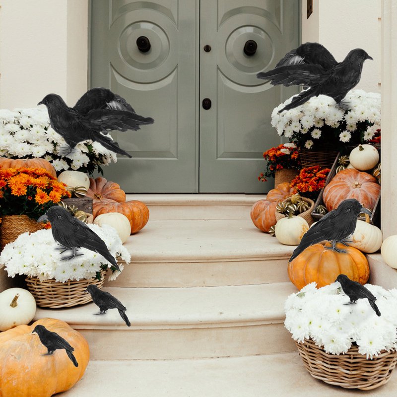 Realistic Crow Decorations for Halloween and Outdoor Use - Set of 3 Black Faux Birds
