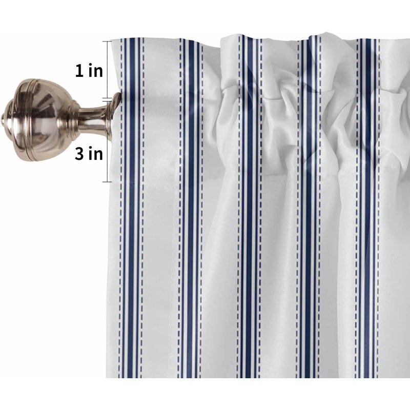 Navy Blue Striped Window Curtains - Farmhouse Style 2 Panels for Kitchen & Living Room