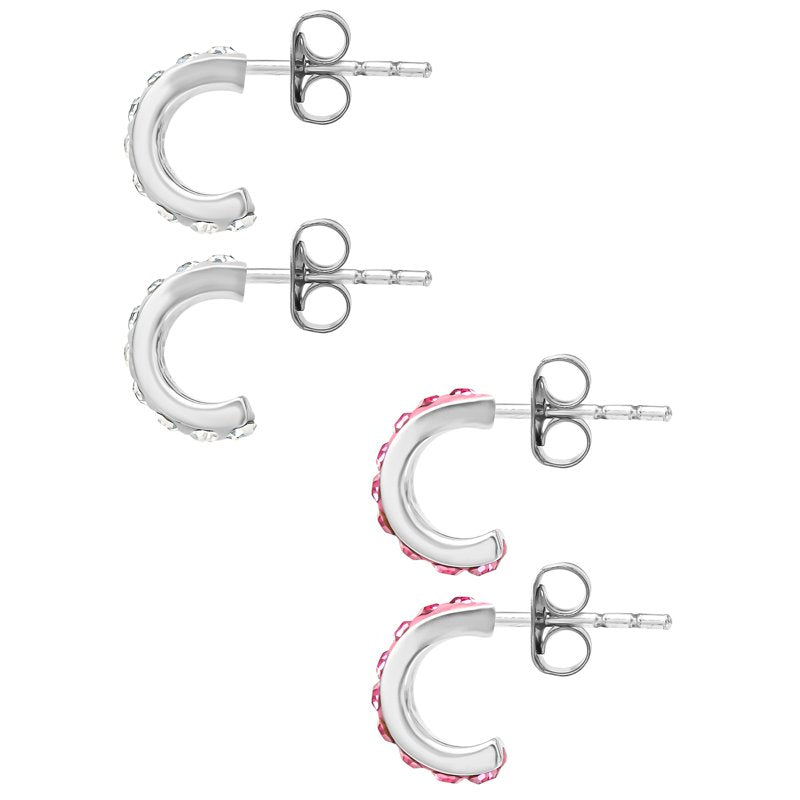 Girls Sterling Silver Crystal Hoop Earrings Set - 2 Pairs