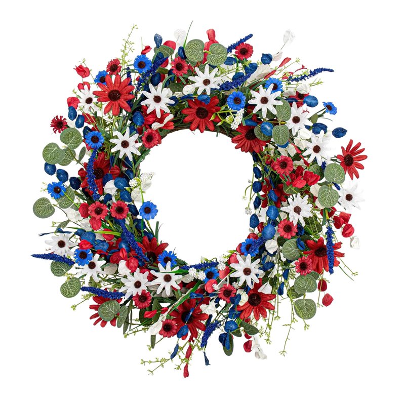 Patriotic Flower Wreath for Front Door - Red White Blue Independence Day Decor