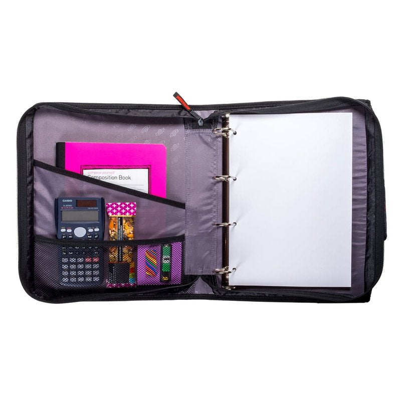 Dual D-Ring Zipper Binder 3 Inch Capacity Organizer for Documents - Black