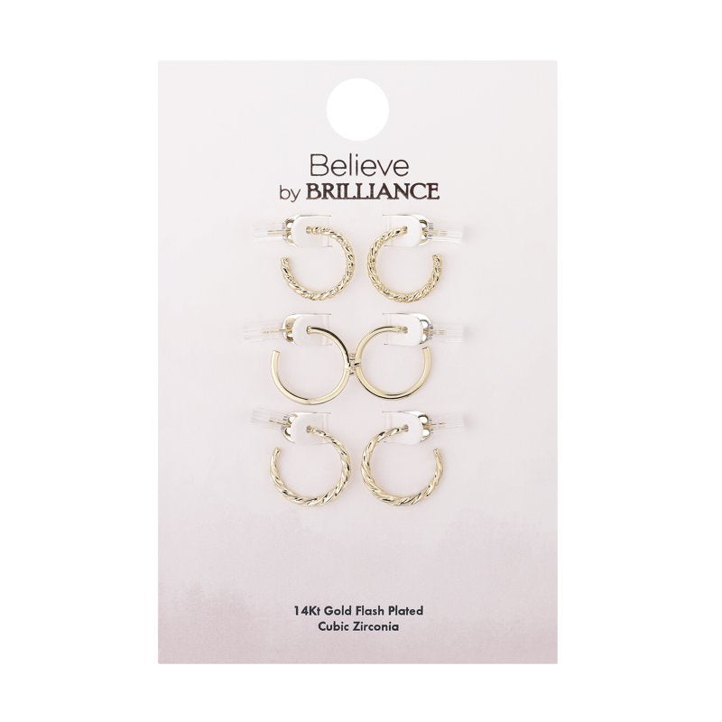 Gold Plated Hoop Earring Set with Cubic Zirconia - 3 Pairs for Women
