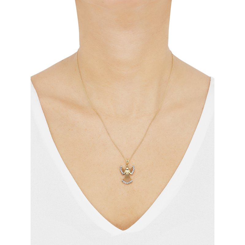 Sterling Silver and 18K Gold Plated Angel Pendant with Crystals - 18 Inches