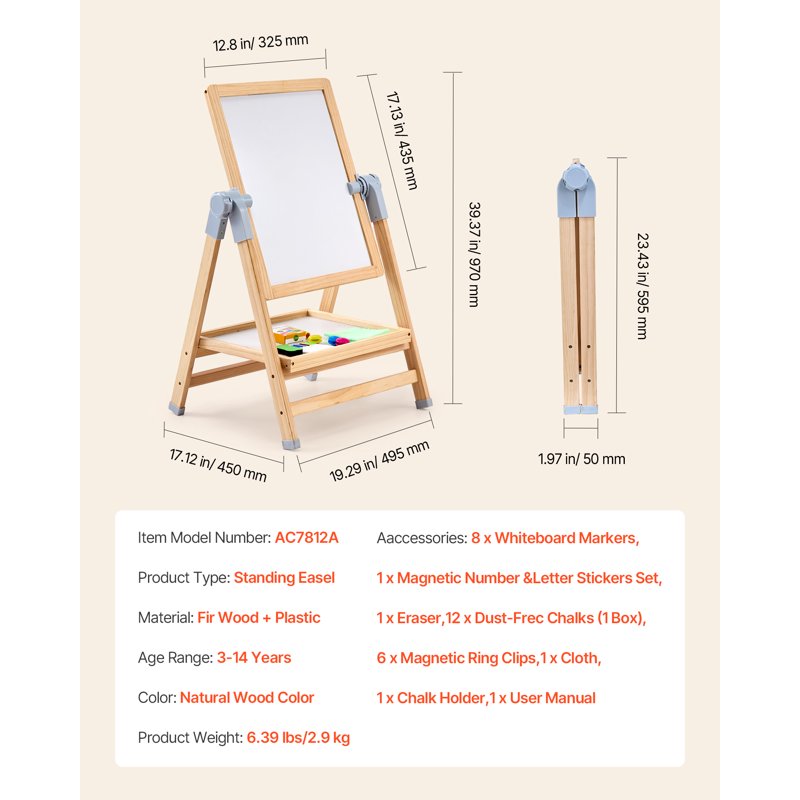 Kids Art Easel with Whiteboard & Chalkboard - Adjustable Double-Sided Wooden Drawing Station