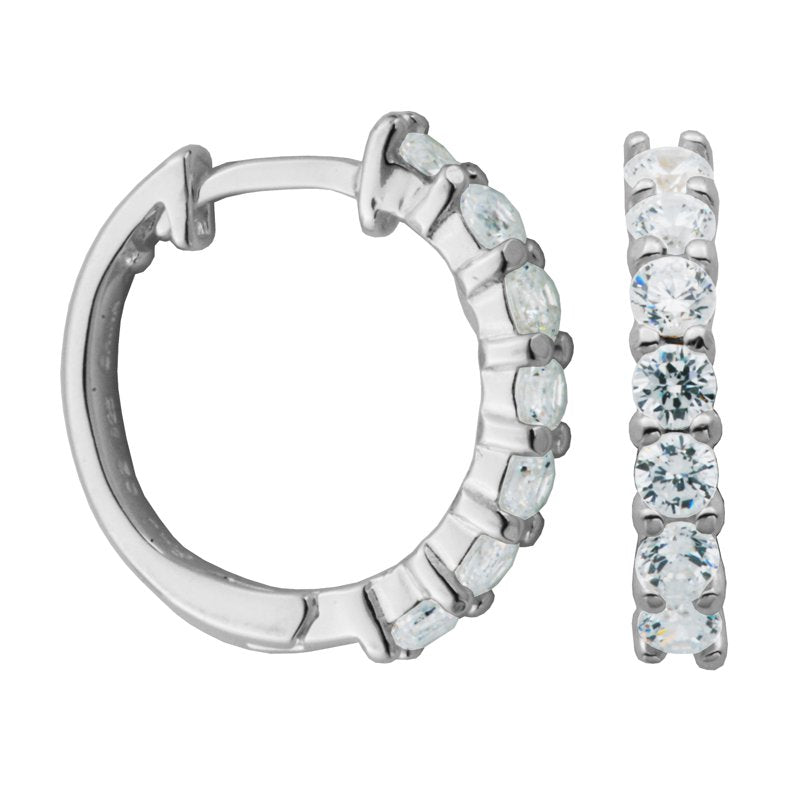 Hinged Hoop Earrings with Cubic Zirconia in Sterling Silver and Rhodium Plating