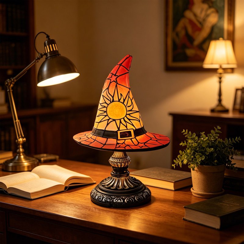 Halloween Witch Hat Stained Glass Lamp - Table Decor & Accent Lighting