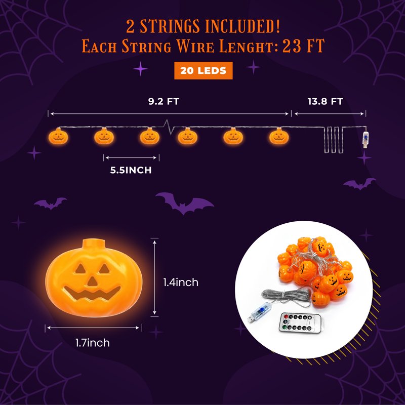 Halloween Pumpkin String Lights - 40 LED Bulbs, Indoor & Outdoor Decoration, 8 Modes, Battery Operated