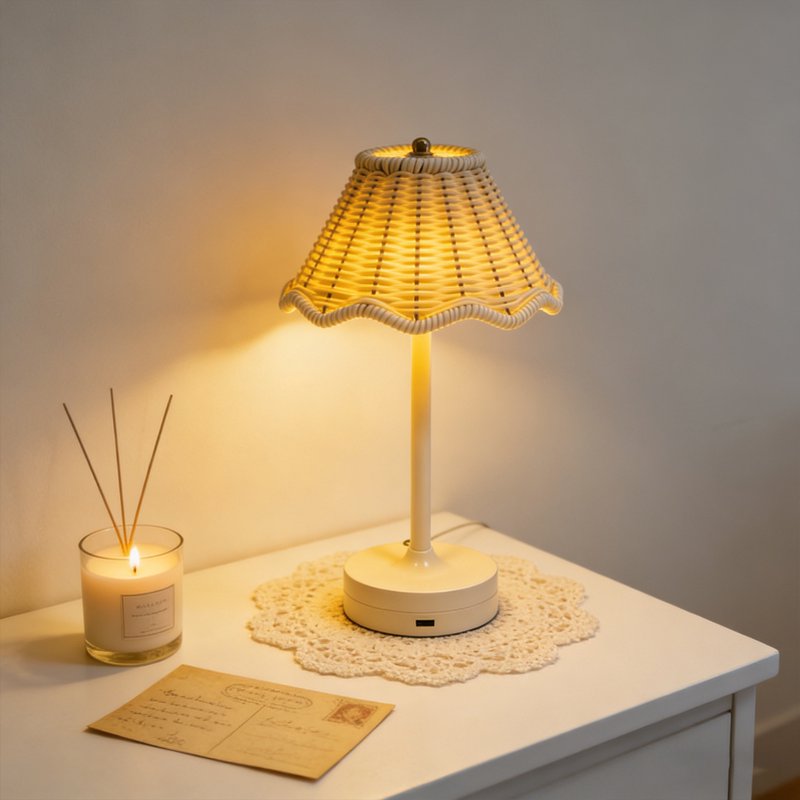Rechargeable Cordless Table Lamp with Wicker Shade, Touch Control, Portable LED Light for Bedroom, Patio, Kitchen