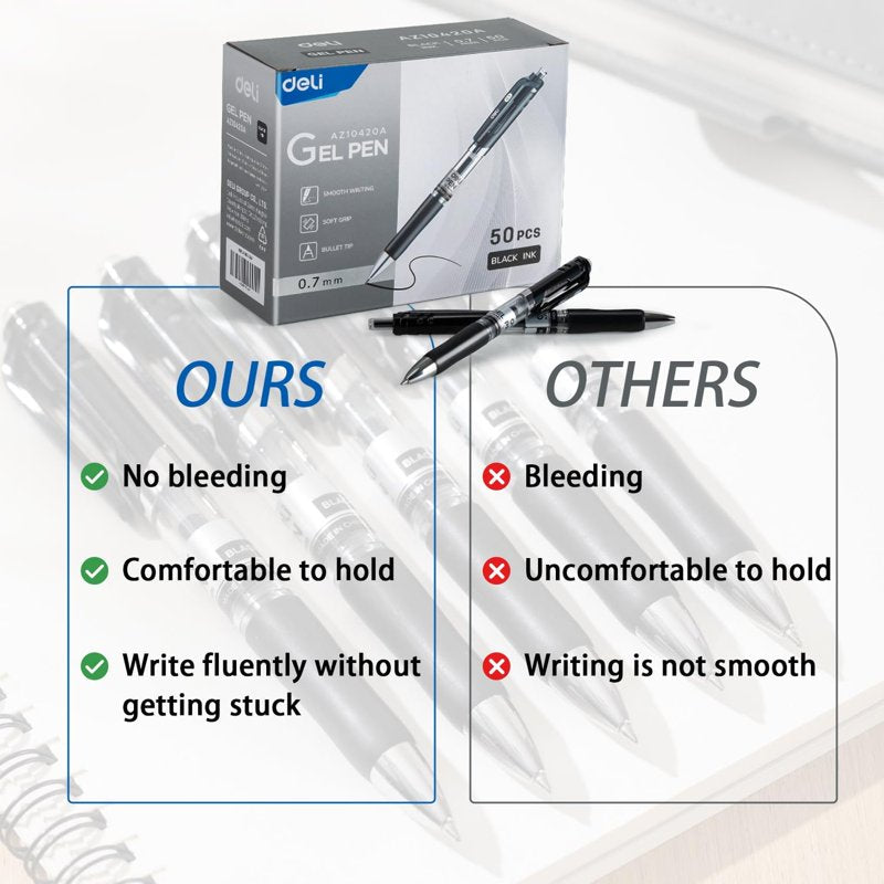 Deli 50-Pack Retractable Gel Pens, 0.7mm Black Ink, Smooth Fast-Dry, Leak-Proof