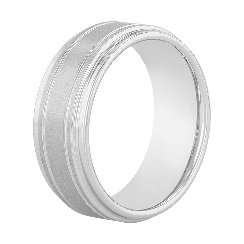 Men's Tungsten Wedding Band 9mm Grooved Step Edge Satin Finish