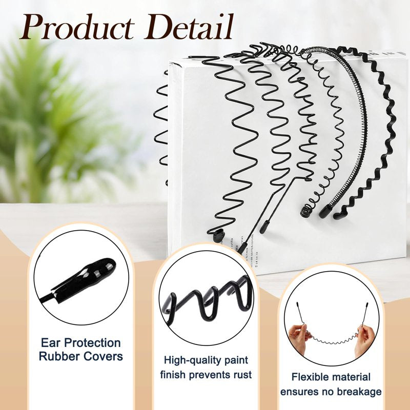 Metal Wavy Headbands for Women & Men - Adjustable, Non-Slip Hair Bands, 6-Pack