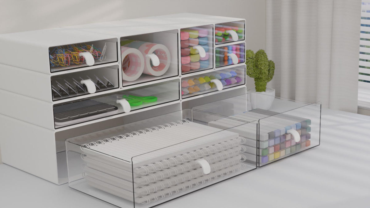 Stackable Desk Organizer with 10 Transparent Drawers for Office & Makeup Storage