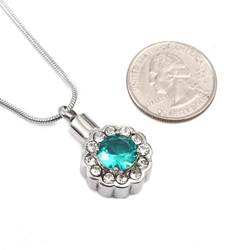 Green Crystal Rhinestone Flower Cremation Necklace Memorial Jewelry Keepsake Pendant