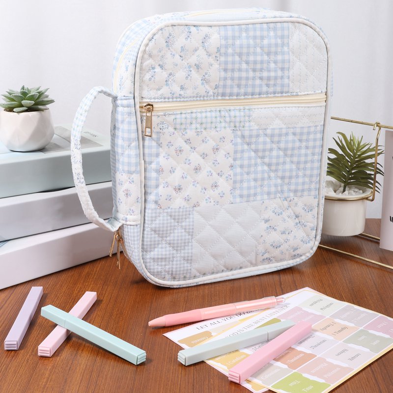 Blue Quilted Bible Cover Case for Women – Large Carrying Bag with 5 Pens, 12 Highlighters, 75 Bookmarks & 200 Labels