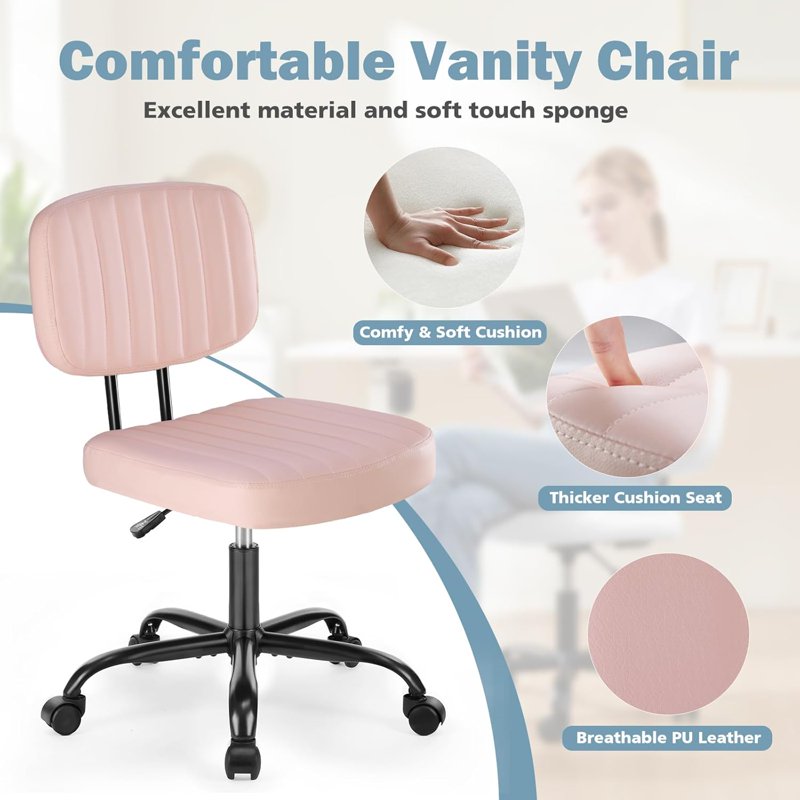 Armless Vanity Chair for Makeup & Home Office - Pink, Adjustable, Swivel
