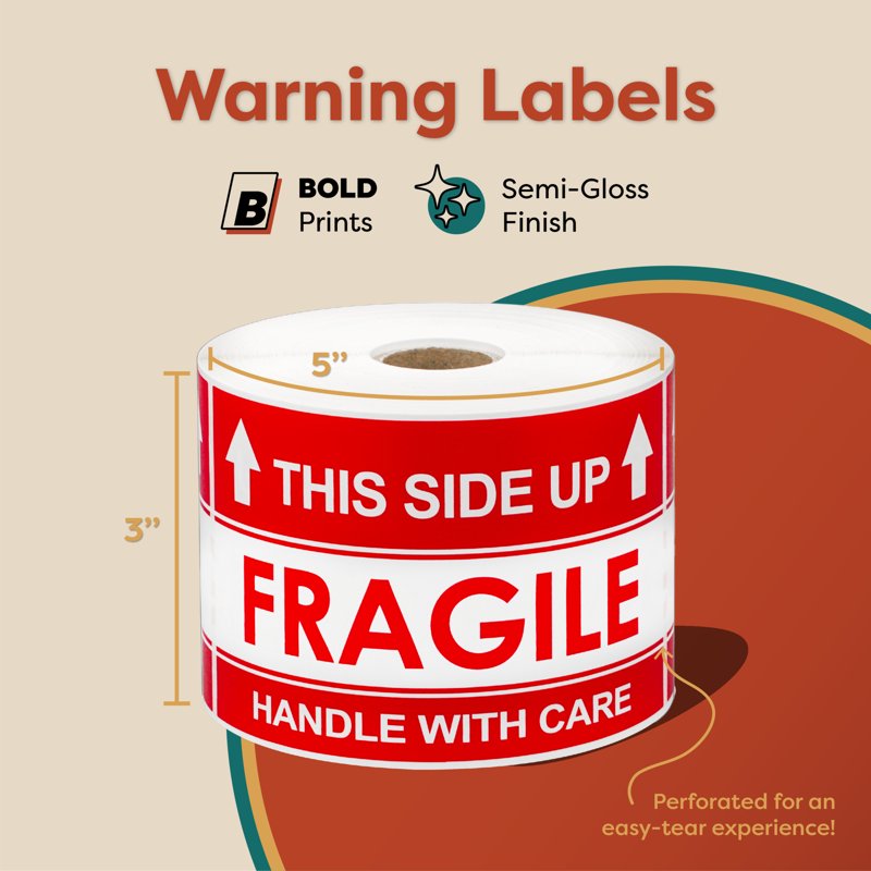 This Side Up Handle With Care Shipping Labels - 3 X 5 Inch, 500 Stickers Per Roll