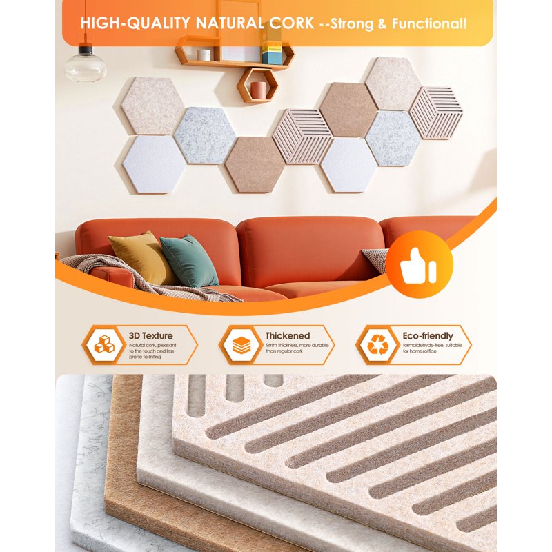 Hexagon Cork Boards for Walls - 10 Pack with 50 Pins for Office & Home Decor