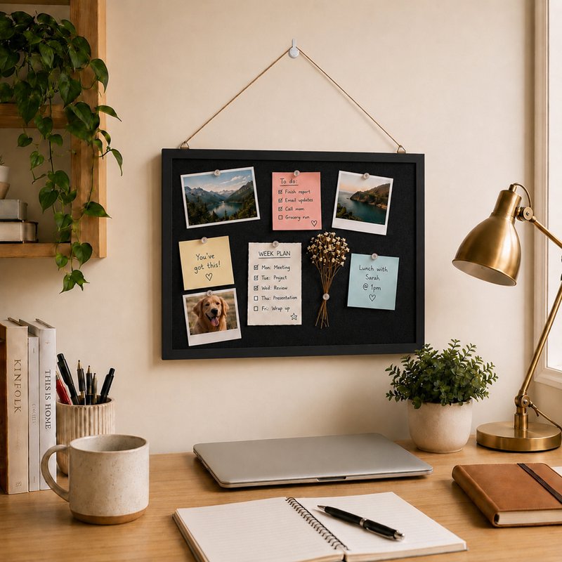 Black Linen Cork Bulletin Board 17x12 Inch Wall Display for Office & Home