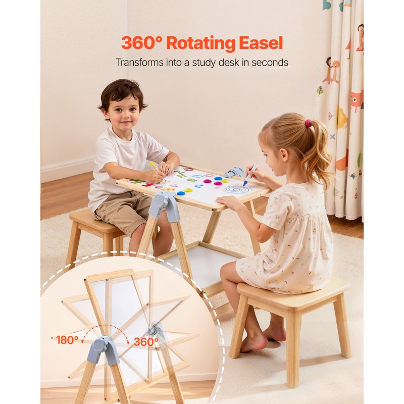 Kids Art Easel with Whiteboard & Chalkboard - Adjustable Double-Sided Wooden Drawing Station