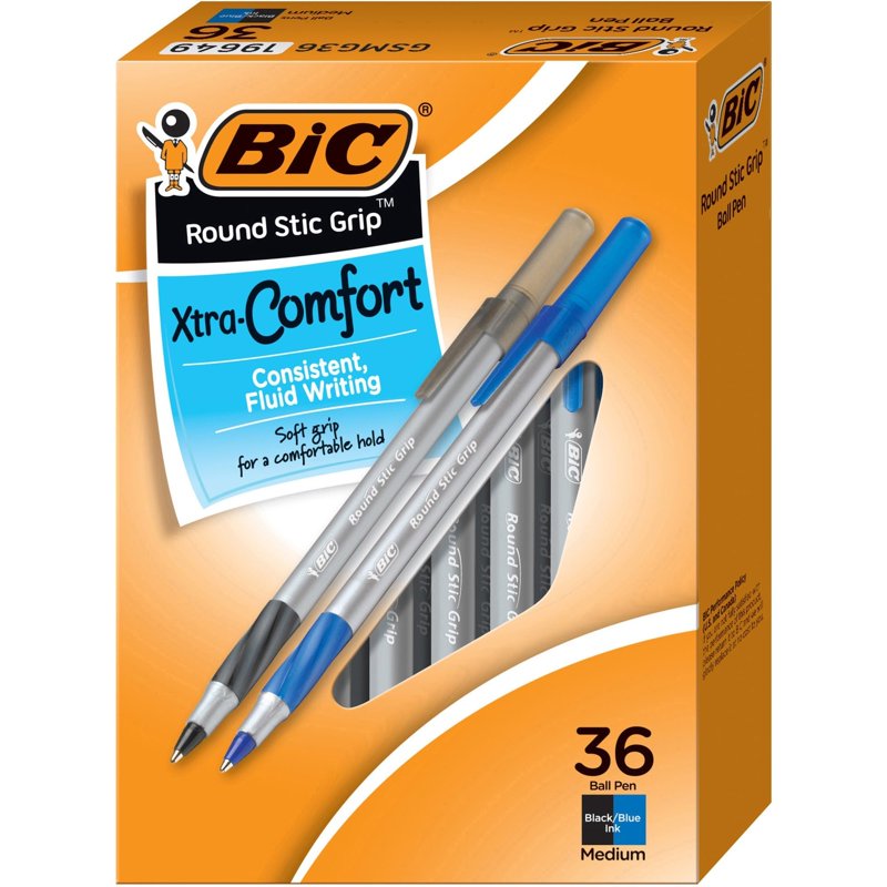 Ballpoint Pen Set with Rubber Grip - Medium 1.2mm Ink, Assorted Colors, 36 Pack