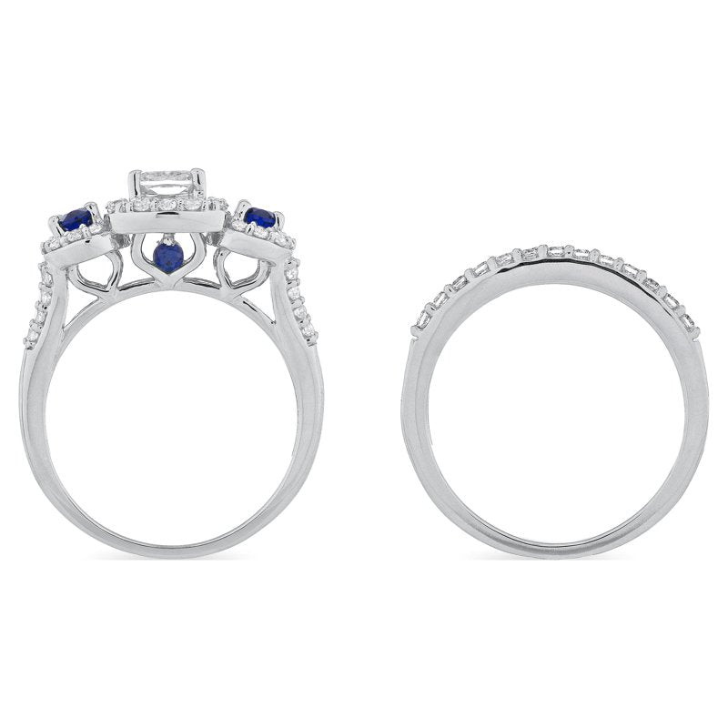 Sterling Silver Bridal Engagement Ring Set with White Diamonds & Sapphire Accent