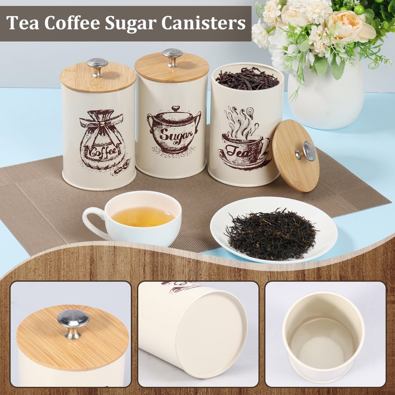 Vintage Metal Canister Set with Airtight Bamboo Lids - Coffee, Sugar, Tea Storage - 3 Piece Beige Kitchen Containers