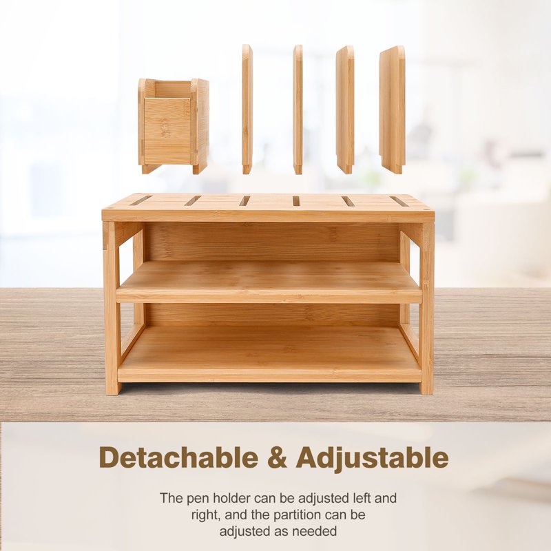 Bamboo Desk Organizer with File Holder & Adjustable Pen Slots – 3-Tier Office Storage