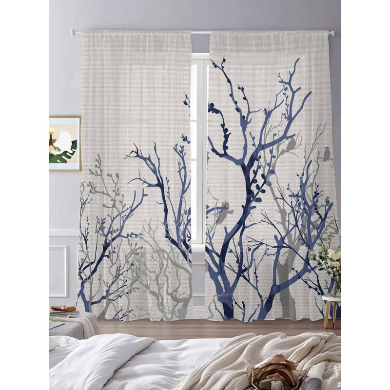 Sheer Curtain Set - 84 Inch Length, 2 Panels, Multiple Sizes, Farmhouse Botanical Design