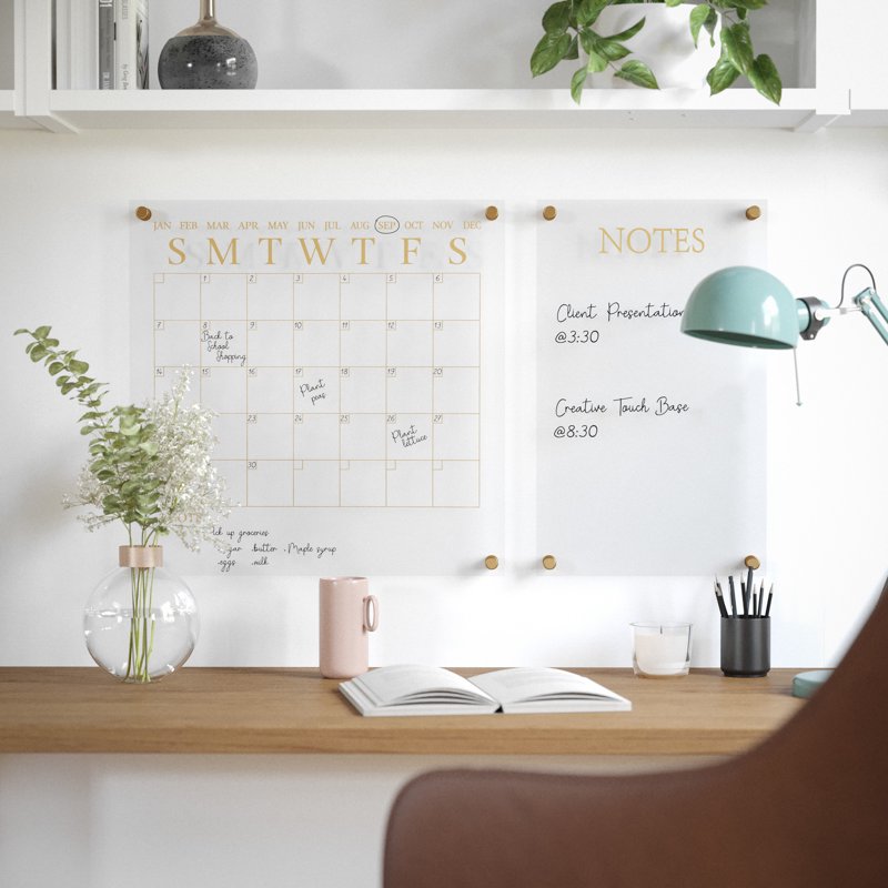 Acrylic Wall Calendar and Notes Board Set with Dry Erase Marker - Clear with Gold Print