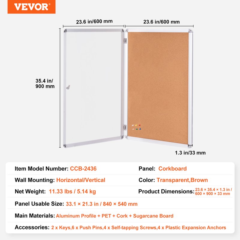 Lockable Enclosed Cork Board 36x24 Inches with Aluminum Frame for Office Home School