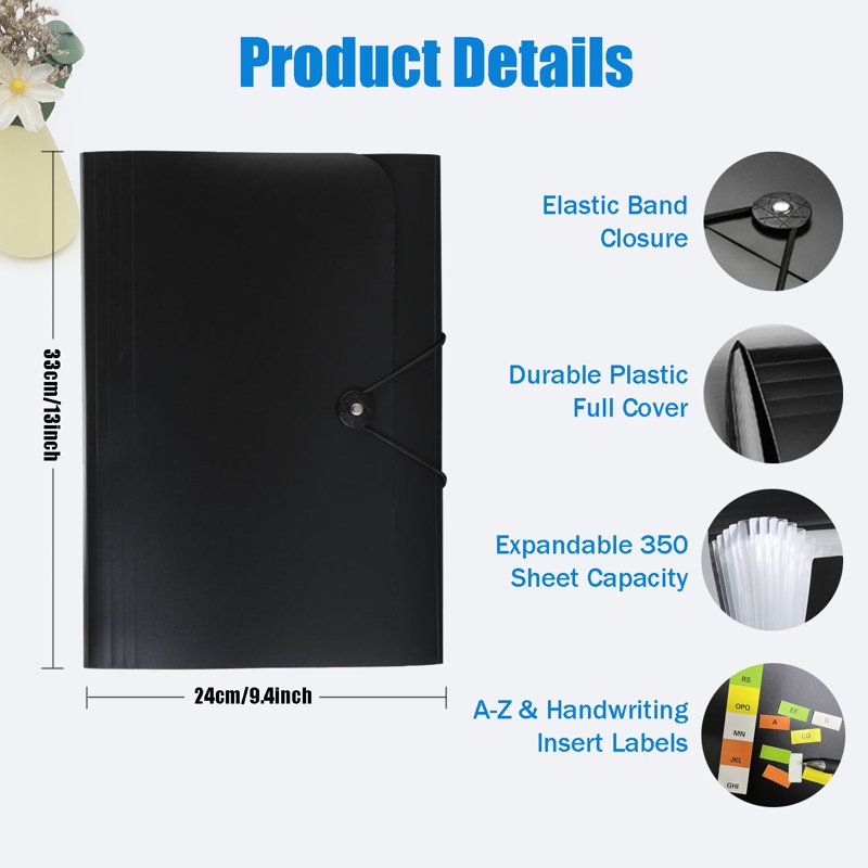 13-Pocket Expanding File Folder - A4 Letter Size Document Organizer with Index Labels, Black Plastic