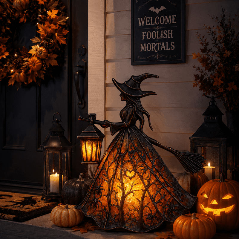 Halloween Witch Resin Night Light - Gothic Witch Decor with Lights, 7 Inch Standing Figurine for Home & Party