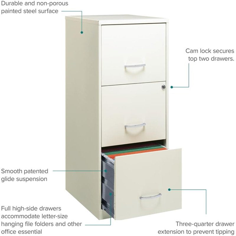 Vertical File Cabinet 3 Drawers Steel Office Storage in Pearl White