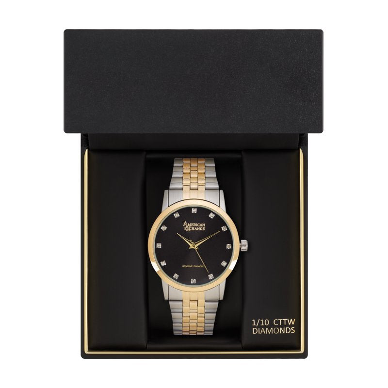 Men's Quartz Watch with Genuine Diamonds, Black Dial Two-Tone Metal Band