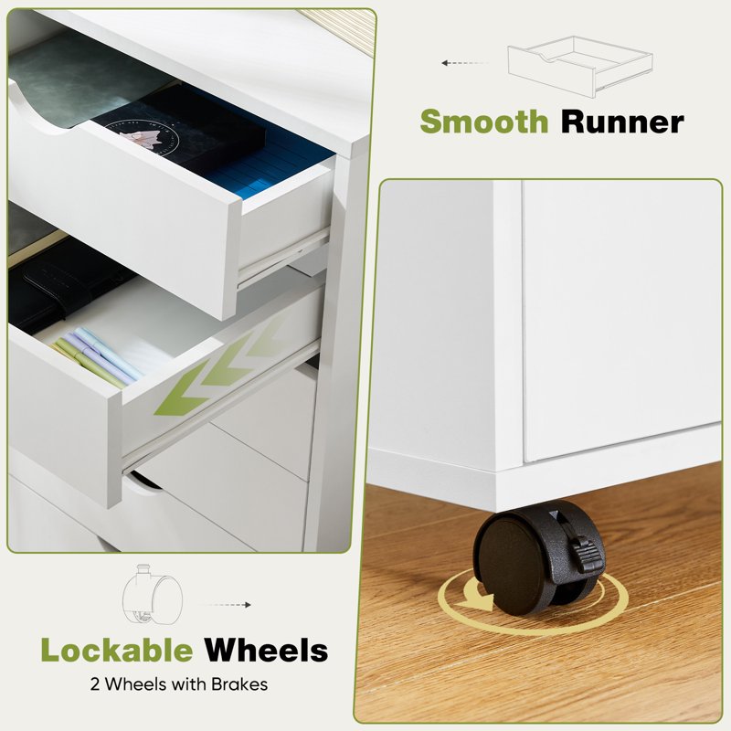 Wooden Tall Drawer Storage Chest with Wheels for Bedroom Office Home