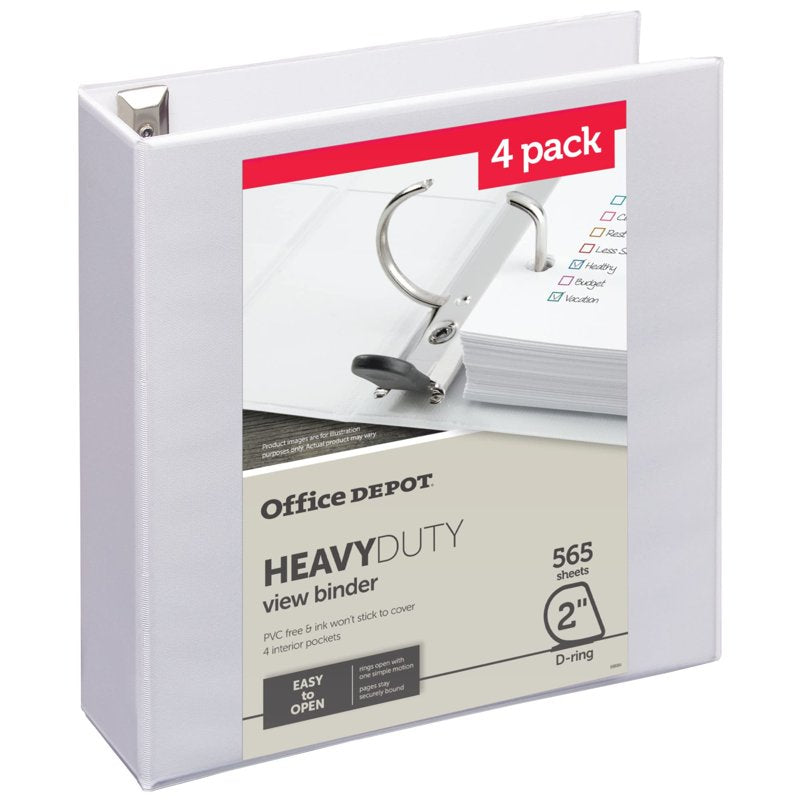 Heavy-Duty 2-Inch D-Ring Binder Pack of 4 - White, Recycled Office Supplies