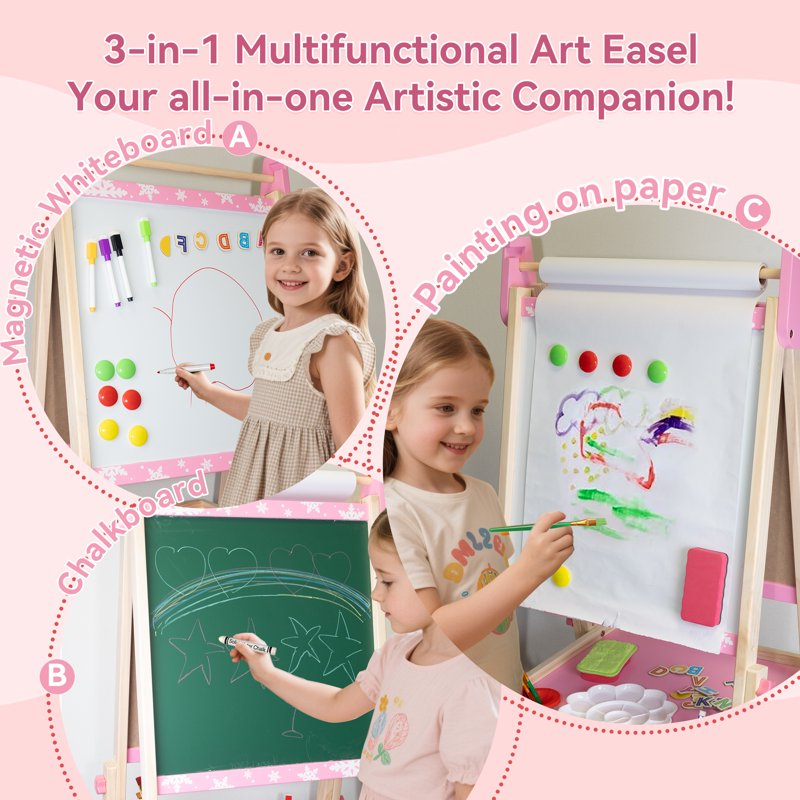 Kids Art Easel 3-in-1 Wooden Double Sided Magnetic Whiteboard & Paper Roll - Adjustable, Pink
