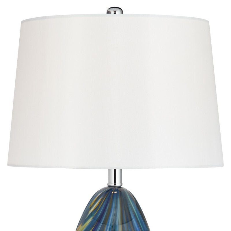 Modern Blue Art Glass Table Lamp with White Tapered Drum Shade - 27 Inch