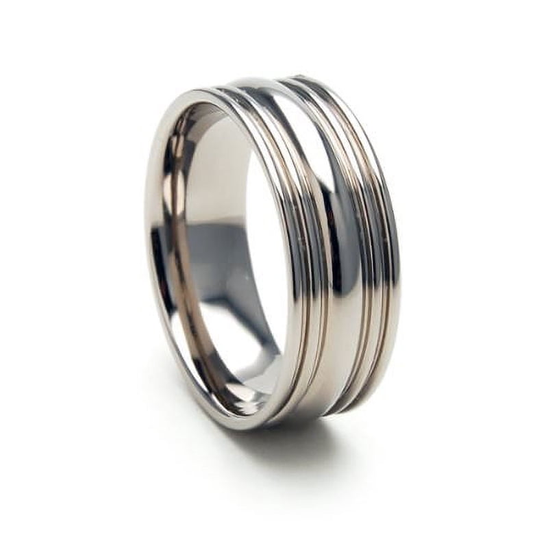 8mm Flat Polished Titanium Ring with Grooves and Raised Center Peak - Unisex Wedding Band