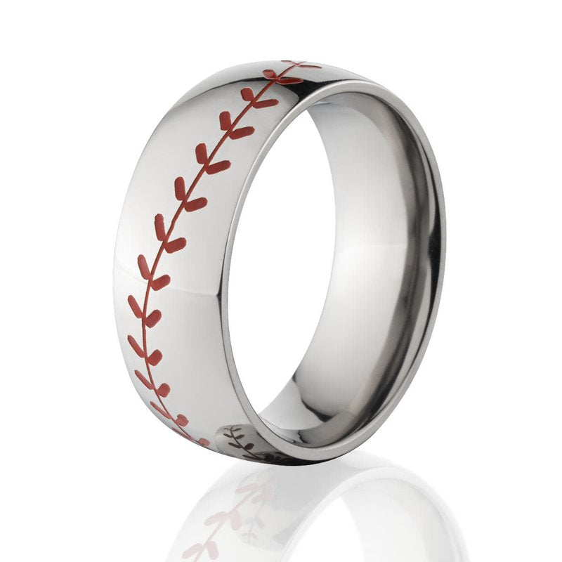 Titanium Half Round Baseball Stitch Ring - Wide Sizes, Polished Finish