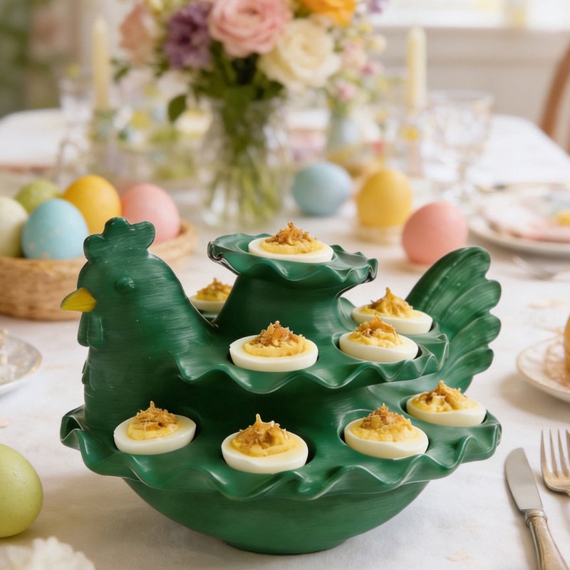 Easter Chicken-Shaped Deviled Egg Platter & Appetizer Tray, Reusable Green Plastic Display Rack