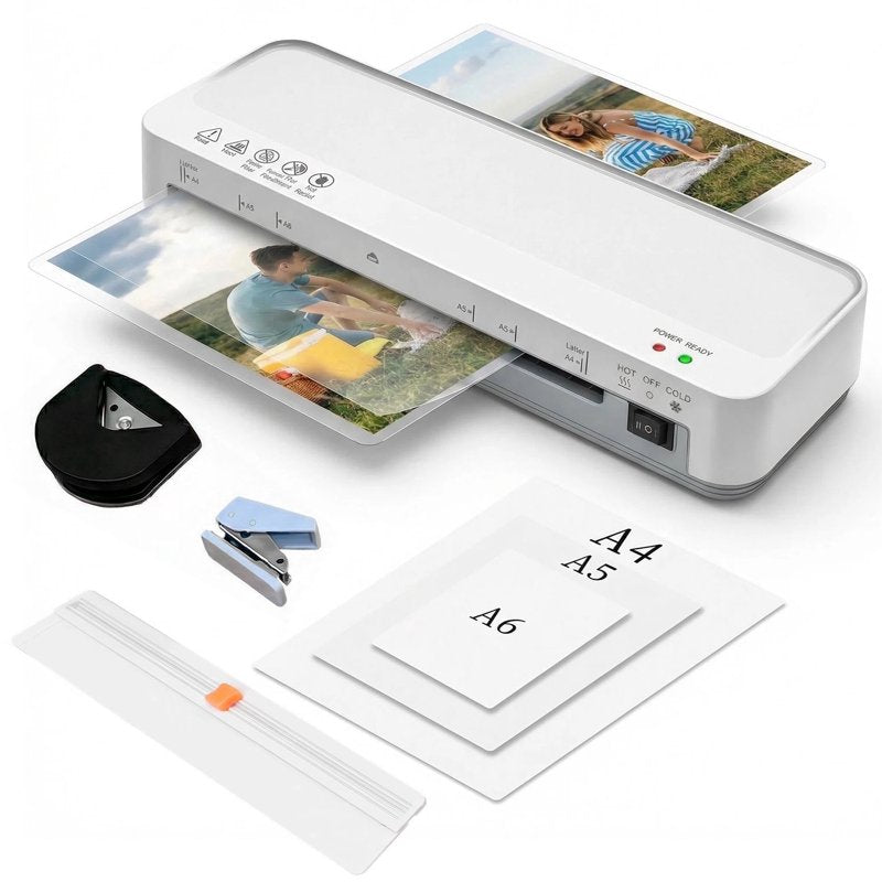 A4 Laminator Machine Hot Cold with 15 Laminating Sheets & Trimmer - Office School Home