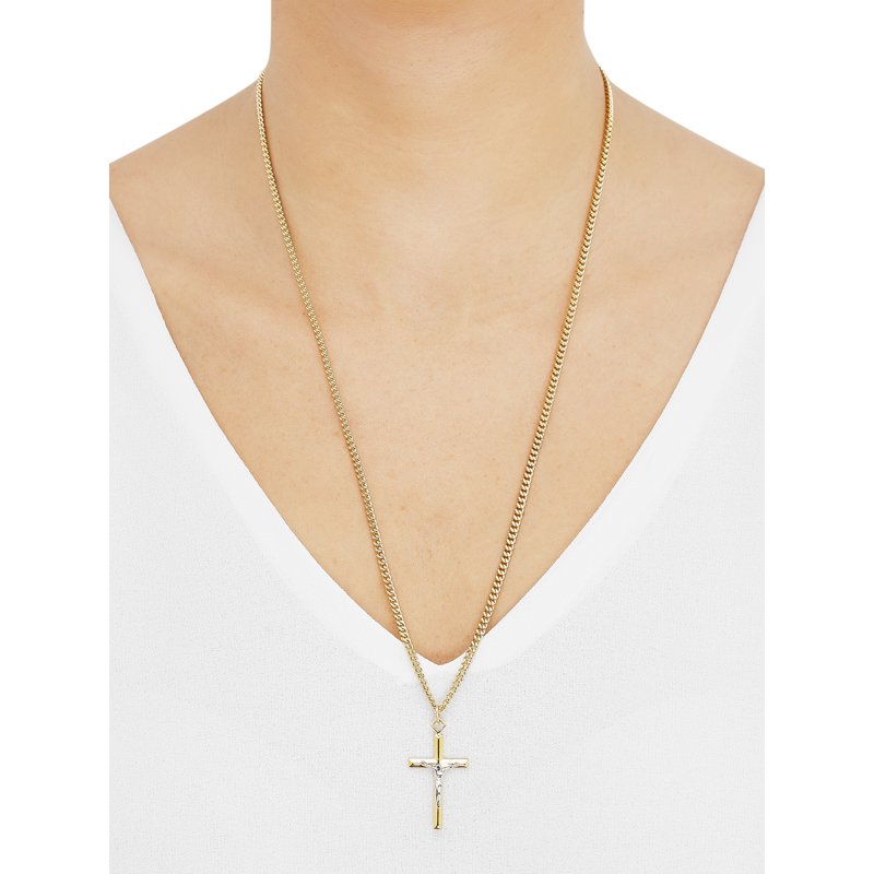 Gold-Filled and Rhodium Crucifix Pendant Necklace 24 Inch Stainless Steel Chain