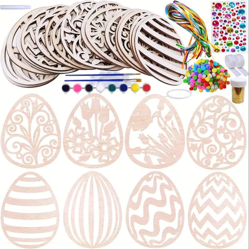 Paintable Wooden Easter Ornaments DIY Craft Kits - Assorted Egg Shapes for Kids & Classroom