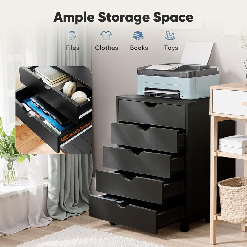 Mobile File Cabinet with 5 Drawers and Wheels - Under Desk Storage Organizer for Home Office